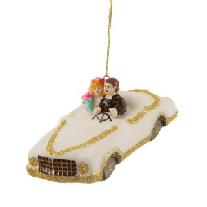 GLITTER WEDDING CAR AND COUPLE SHAPED BAUBLE 13 cm